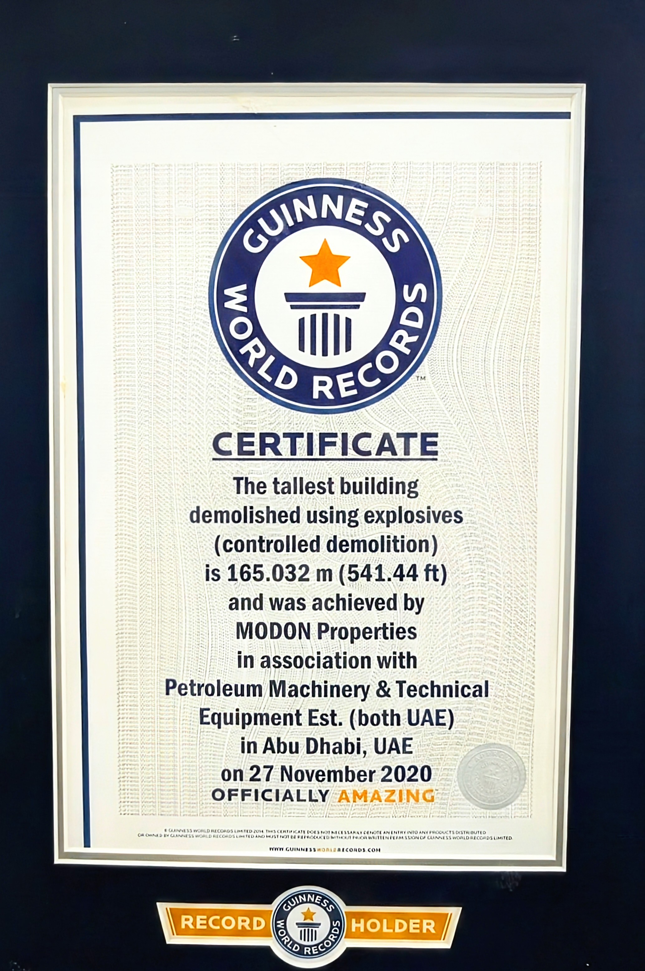 Guinness World Records certificate naming Modon Properties in association with Petroleum Machinery and Technical Equipment